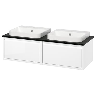 Double white bathroom vanity with two sinks and drawers. Modern design with square basins and glossy finish.