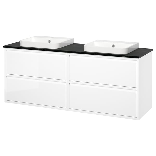 ÄNGSJÖN double white sink vanity. Modern, high-gloss, rectangular design with two bowls.