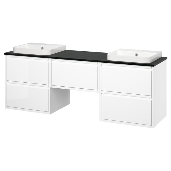 A white ÄNGSJÖN double bathroom vanity with two sinks and drawers. It has a sleek, modern design with integrated handles and a black countertop.