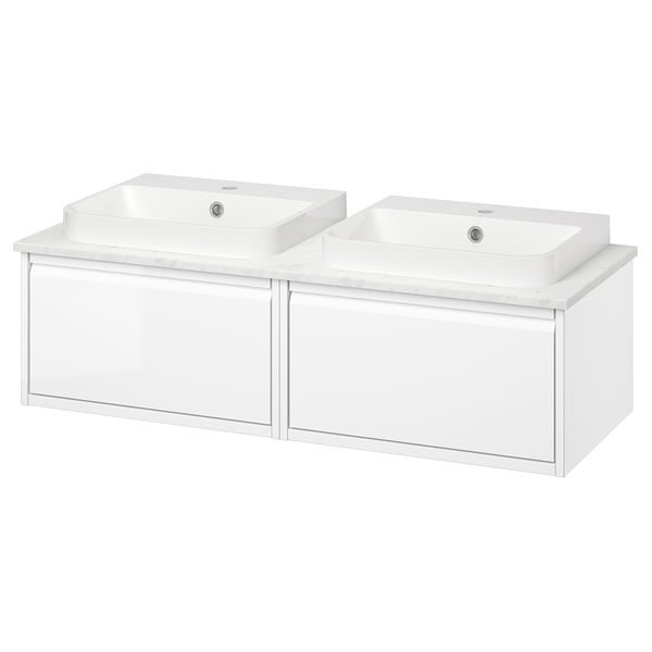 ÄNGSJÖN: white double bathroom vanity, rectangular sinks & drawers, modern glossy finish.