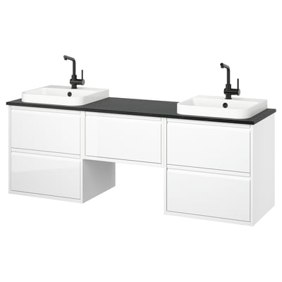 ÄNGSJÖN / BACKSJÖN Wash-stand/wash-basins/taps, high-gloss white/black marble effect, 182x49x71 cm
