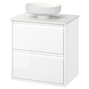 Modern white bathroom cabinet with marble countertop and bowl sink, sleek design.