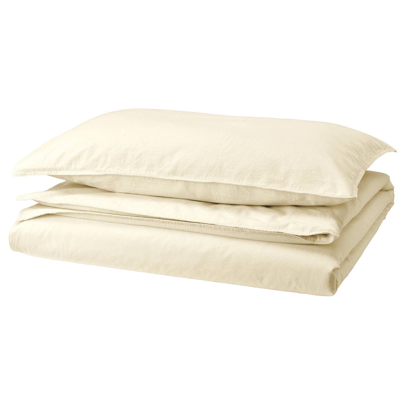 ÄNGSLILJA beige bedding set: duvet and pillowcases. Soft, pre-washed cotton. Natural, off-white colour. Rectangle shape with simple design.