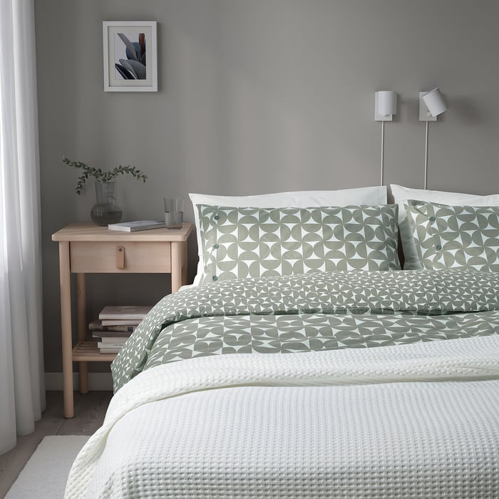 ÄNGSNEJLIKA duvet cover and 2 pillowcases, grey/green, 200x200/50x80 cm
