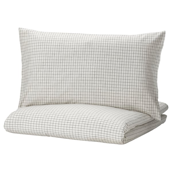 ÅKERFIBBLA duvet cover and pillowcase, white black/check, 150x200/50x80