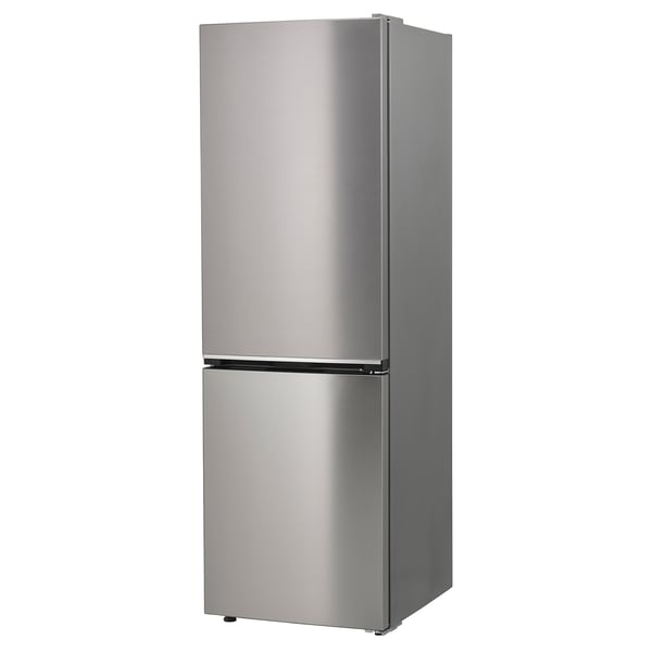 Stainless steel upright refrigerator with freezer drawer, sleek design, hidden handles, and even cooling.