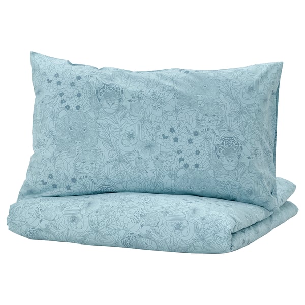ALPTALL Duvet cover and pillowcase, blue/Himalayan animals and plants, 150x200/50x80 cm