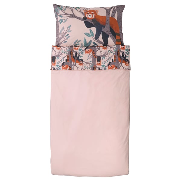 A pink ALPTALL duvet cover set featuring a red panda design, made of 100% cotton.