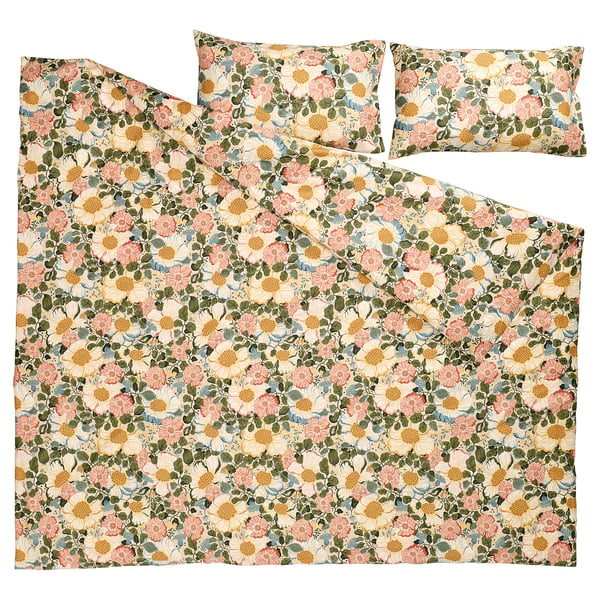 Floral bedding set with pink, yellow, green hues. 50% cotton, 50% lyocell; comforter & 2 pillows.