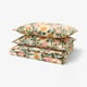 Beige floral bedding with blue, green, pink flowers, cotton-lyocell blend.