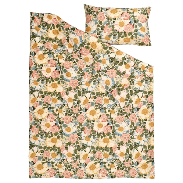 Arnebok bedding set, colourful floral print, cream, rectangular, soft fabric.