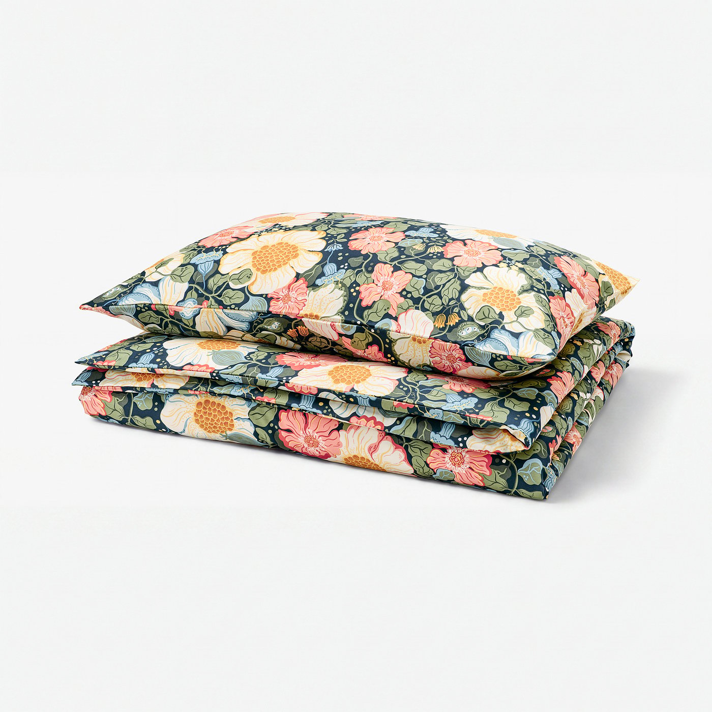 Blue floral bedding with pink, white, yellow flowers on dark blue base, 50% cotton, 50% lyocell, silky sateen weave.
