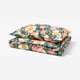 Blue floral bedding with pink, white, yellow flowers on dark blue base, 50% cotton, 50% lyocell, silky sateen weave.