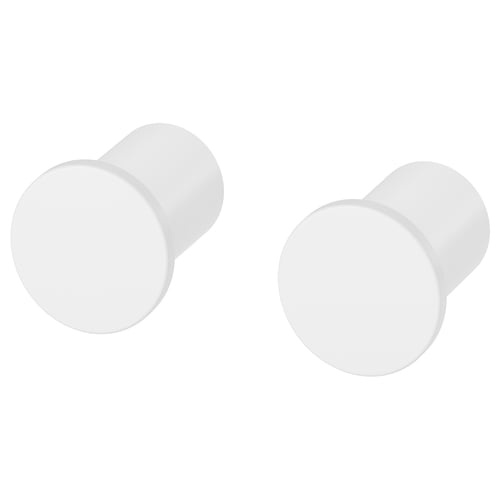 Two white, round wall hooks with concealed screws, designed for organising items like keys and clothes.