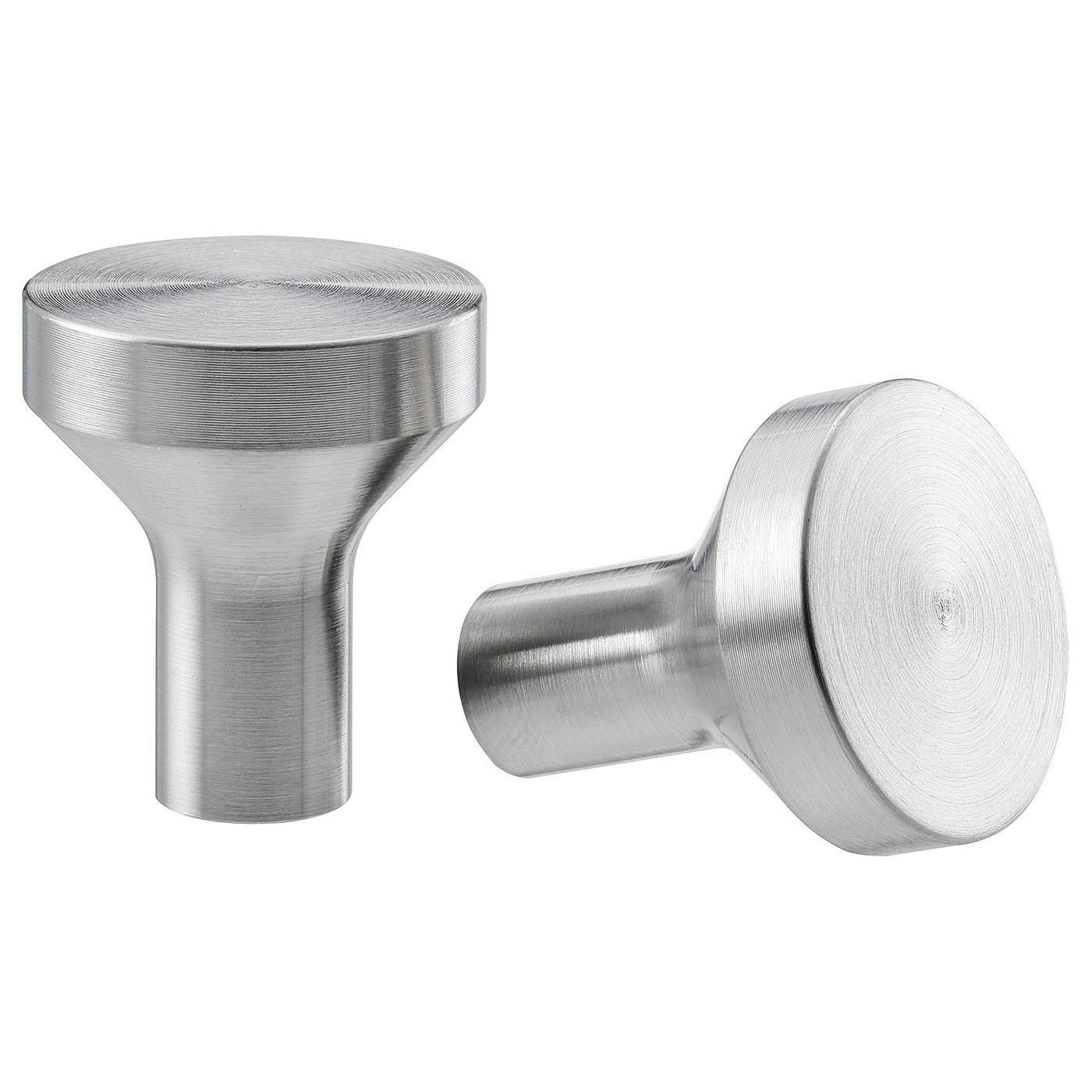Two sleek, silver metallic knobs with a modern, cylindrical design, clean lines, and smooth finish. Ideal for contemporary decor.