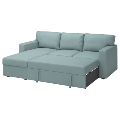 BÅRSLÖV 3-seat sofa-bed with chaise longue, Tibbleby light grey-turquoise