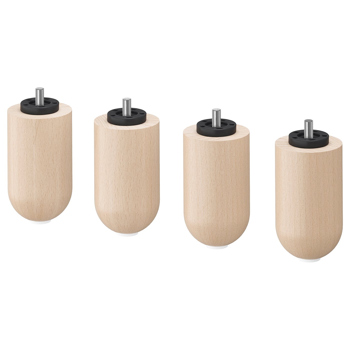 Four light brown wooden legs with black rubber tips and metal screws, evenly spaced against white background.
