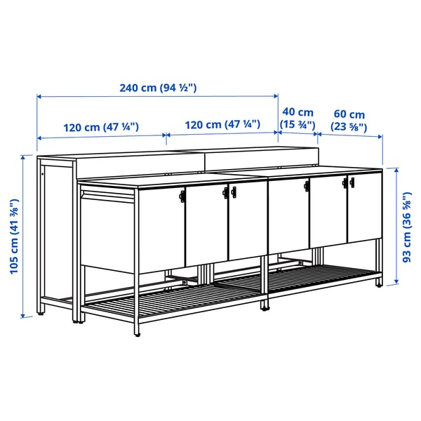 BÅTSKÄR Outdoor kitchen island w bar table, dark grey, 240x100 cm