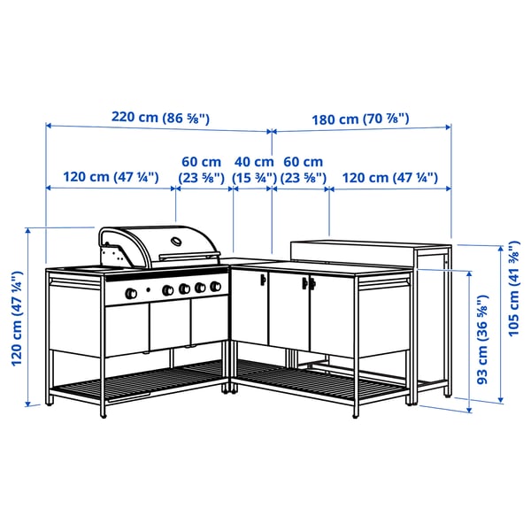 BÅTSKÄR Outdoor ktchn w gas bbq+bar table, dark grey, 220x180 cm