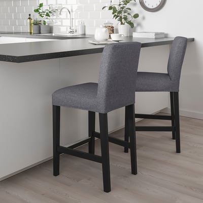 BERGMUND Bar stool with backrest, counter height black/Gunnared medium grey, 62 cm
