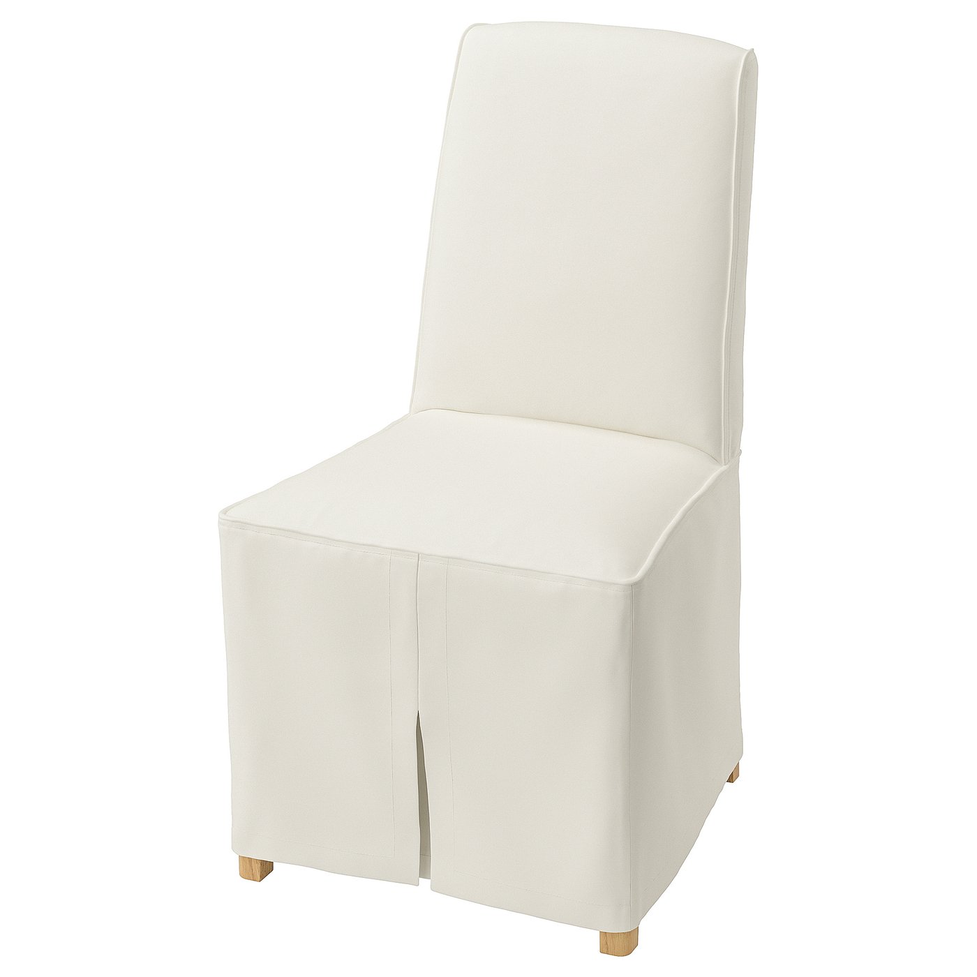 A white upholstered BERGMUND chair with wooden legs, a curved back, and a square seat. Its stylish and comfortable.