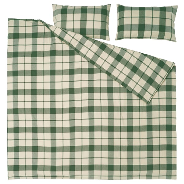 BESKSÖTEMAL Duvet cover and 2 pillowcases, green/check, 200x200/50x80 cm