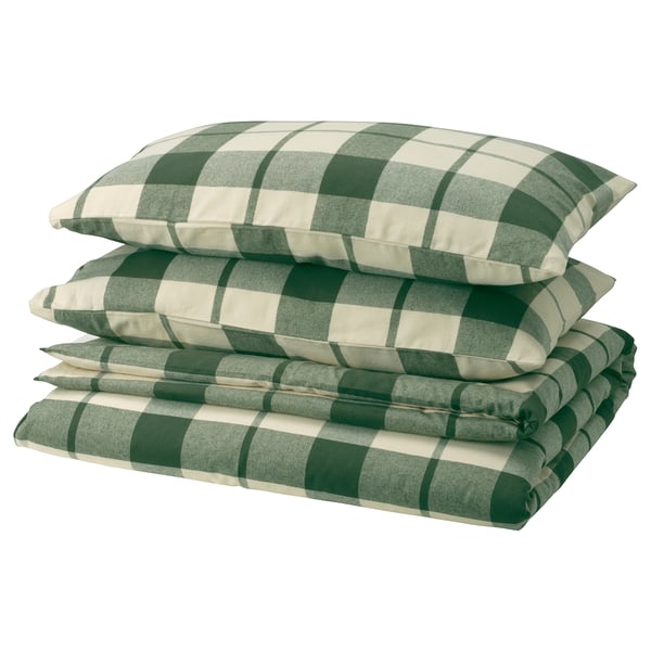 BESKSÖTEMAL Duvet cover and 2 pillowcases, green/check, 200x200/50x80 cm
