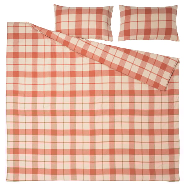 BESKSÖTEMAL Duvet cover and 2 pillowcases, red-brown/check, 200x200/50x80 cm