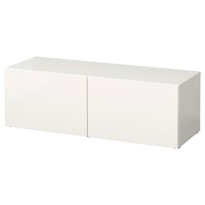 White BESTÅ storage unit, rectangular, minimalist, modern design, two doors, sturdy white material.