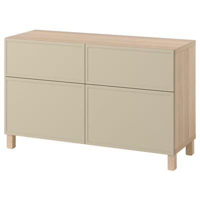 BESTÅ Storage combination w doors/drawers, white stained oak effect/Krukmakare beige, 120x42x74 cm