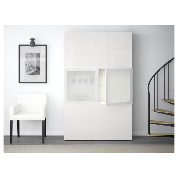 Besta Storage Combination W Glass Doors White Selsviken High Gloss White Frosted Glass 120x40x192 Cm Ikea