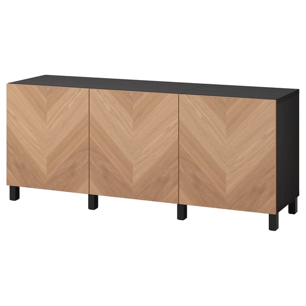 BESTÅ Storage combination with doors, black-brown/Hedeviken/Stubbarp oak veneer, 180x42x74 cm