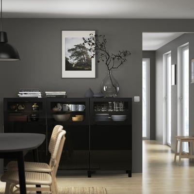 BESTÅ Storage combination with doors, black-brown Selsviken/Glassvik high-gloss/black clear glass, 180x42x112 cm