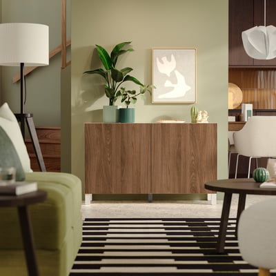BESTÅ Storage combination with doors, white brown/Lappviken/Stubbarp brown walnut effect, 120x42x74 cm