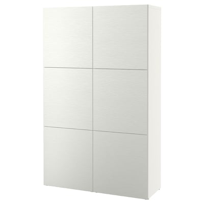 A white BESTÅ storage unit, featuring six rectangular sections with plain design and adjustable hinges.