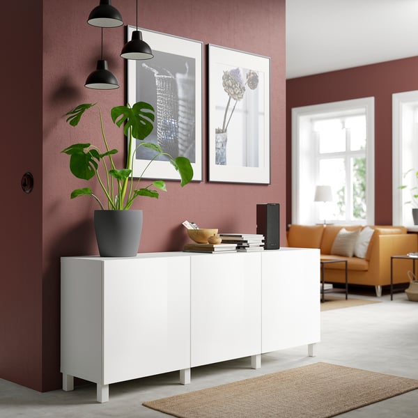 BESTÅ Storage combination with doors, white/Selsviken/Stubbarp high-gloss/white, 180x42x74 cm