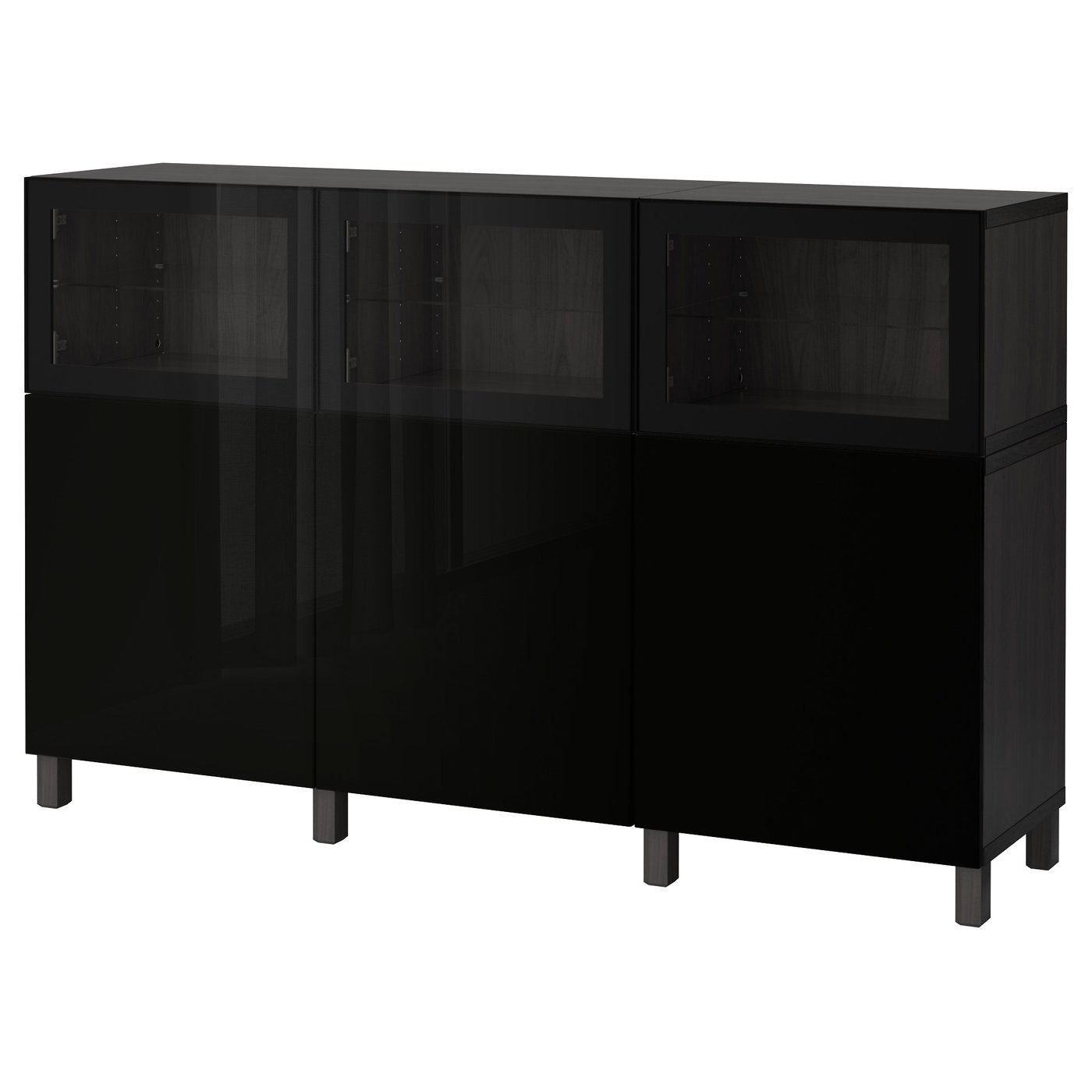 BESTÅ Storage combination with doors, blackbrown Selsviken, Glassvik highgloss/black clear
