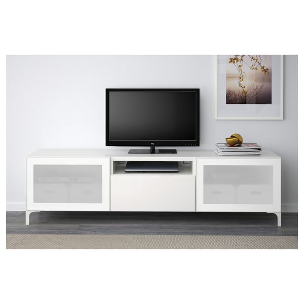 BESTÅ TV bench - white, Selsviken high-gloss/white frosted glass - IKEA
