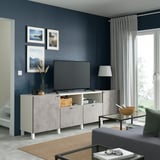 BESTÅ TV bench with doors and drawers, white/Kallviken/Stubbarp light grey, 240x42x74 cm