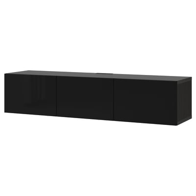 Modern black BESTÅ tv stand, rectangular shape with 3 cabinets, sleek design.