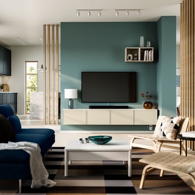 BESTÅ TV bench with doors, white/Krukmakare beige, 240x42x38 cm