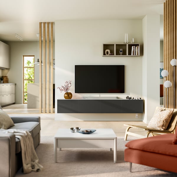 BESTÅ TV bench with doors, white/Lappviken dark grey, 240x42x38 cm