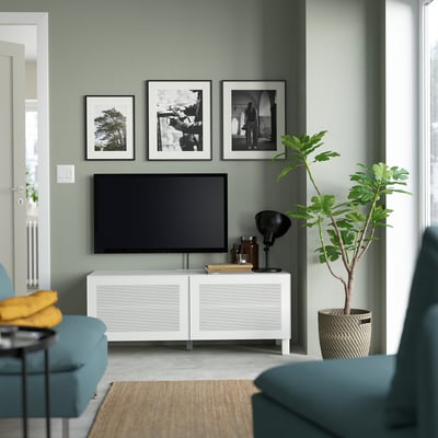 BESTÅ TV bench with doors, white/Mörtviken/Stubbarp white, 120x42x48 cm