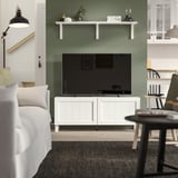 BESTÅ TV bench with doors, white/Pipmakare white, 120x42x48 cm