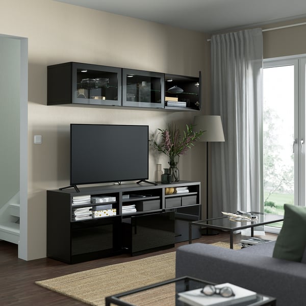 BESTÅ TV storage combination/glass doors, black-brown/Selsviken high-gloss/black clear glass, 180x42x192 cm