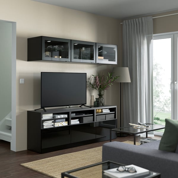 BESTÅ TV storage combination/glass doors, black-brown/Selsviken high-gloss/black clear glass, 180x42x192 cm