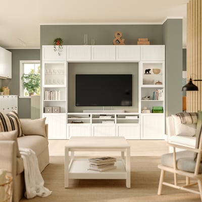 BESTÅ TV storage combination/glass doors, white/Pipmakare white, 300x42x231 cm