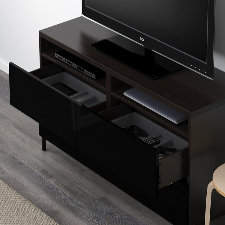 BESTÅ TV bench with drawers - black-brown, Selsviken high-gloss/black
