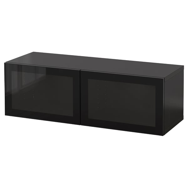 Black rectangular BESTÅ storage unit with two glass doors, sleek design.