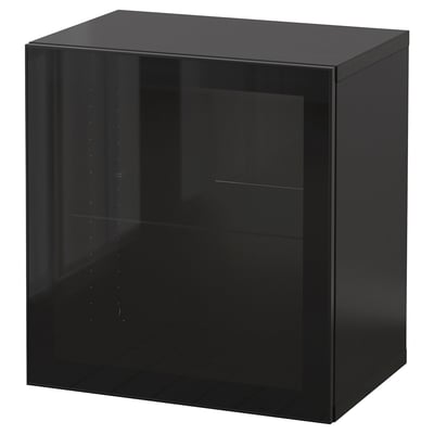 A black BESTÅ cabinet with a sleek, glossy finish and glass door. It has a square shape and modern design.